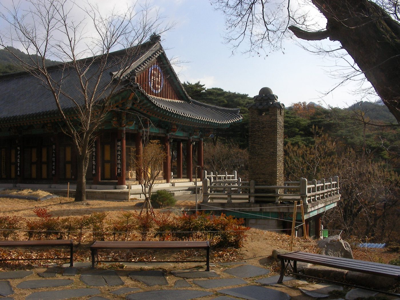 Donghwasa Buddhist temple on Palgongsan mountain near Daegu, surrounded by forested hillsides
