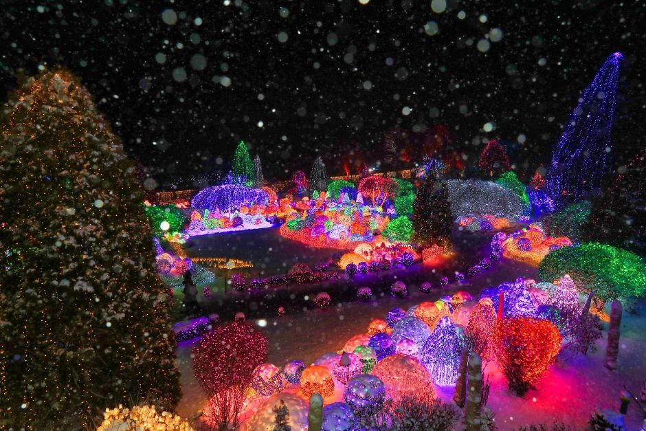 Lit traditional Korean garden area at Morning Calm